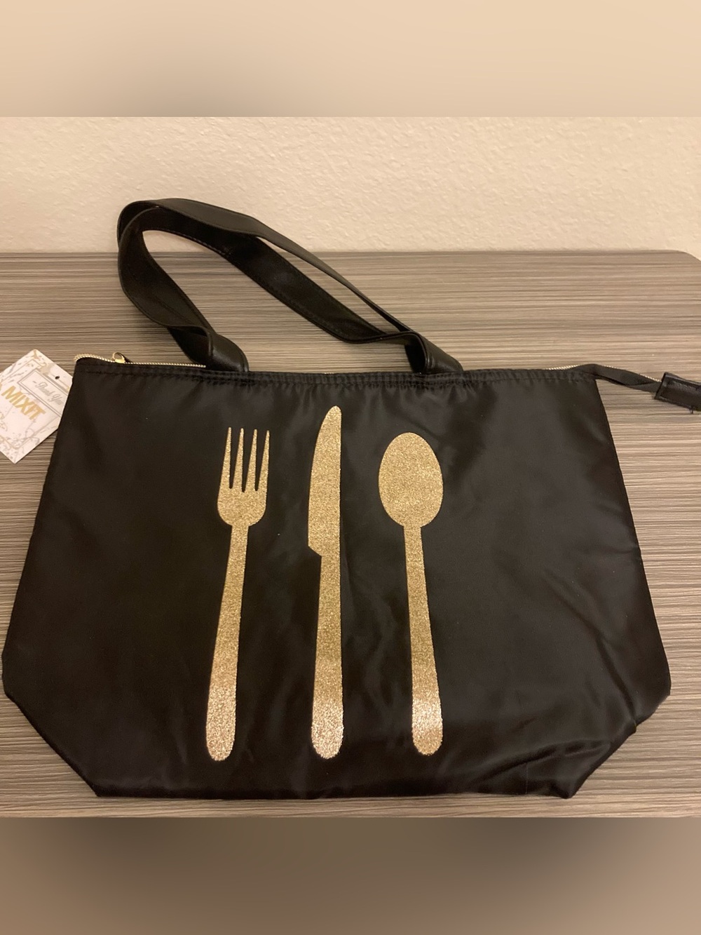 Black Lunch Tote Bag with Gold Cutlery Graphic